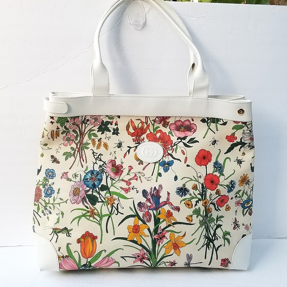 Fabulous  Rare Vintage Gucci  Flora Floral Tote Bag - White and Multicolor - Picture 14 of 16